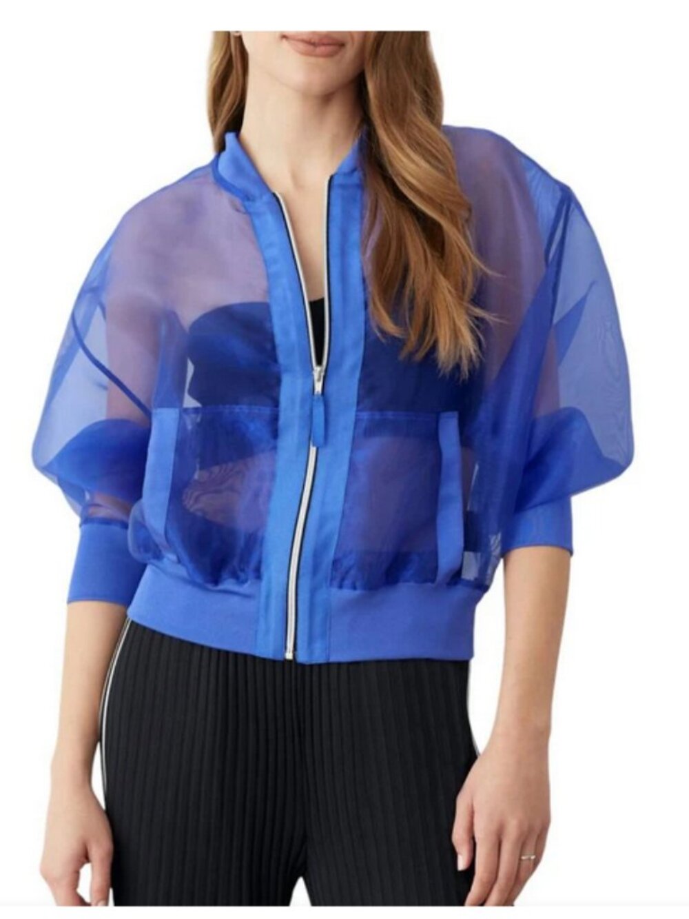 GSTQ Sheer Bomber Jacket In Royal Blue Zip Up Chiffon Womens Sz XS - NWT